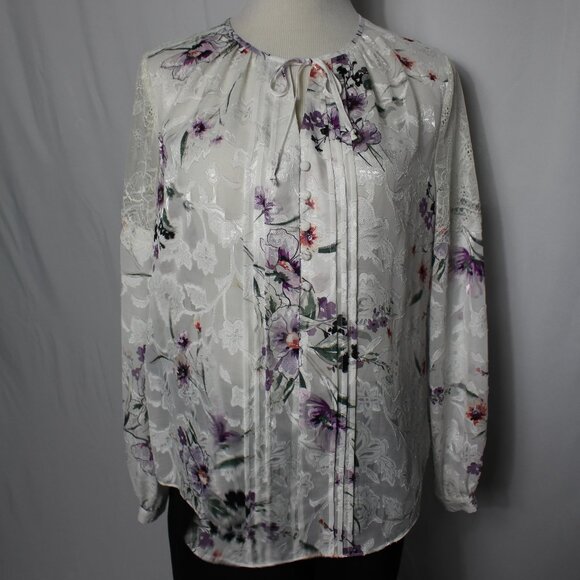 White House Black Market Tops - White House Black Market White Top with Lavendar Floral Print Women's Size 14P